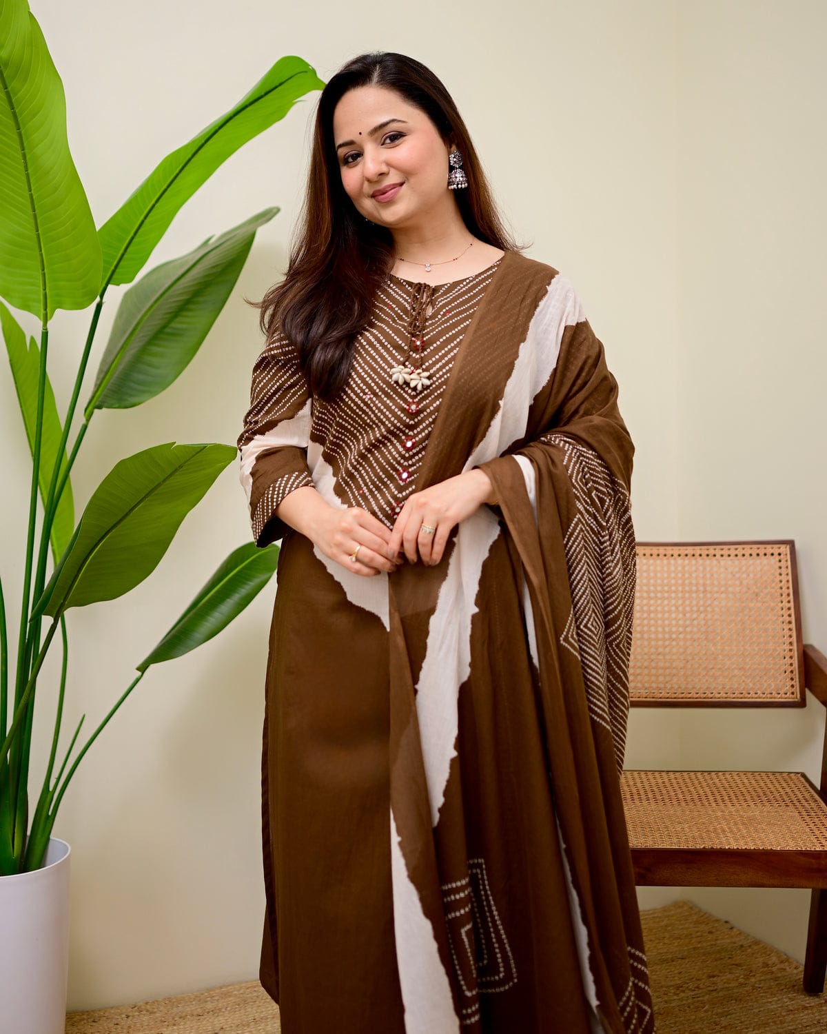 Women Brown Bandhani Printed Pure Cotton Kurta Set with Palazzos & Dupatta