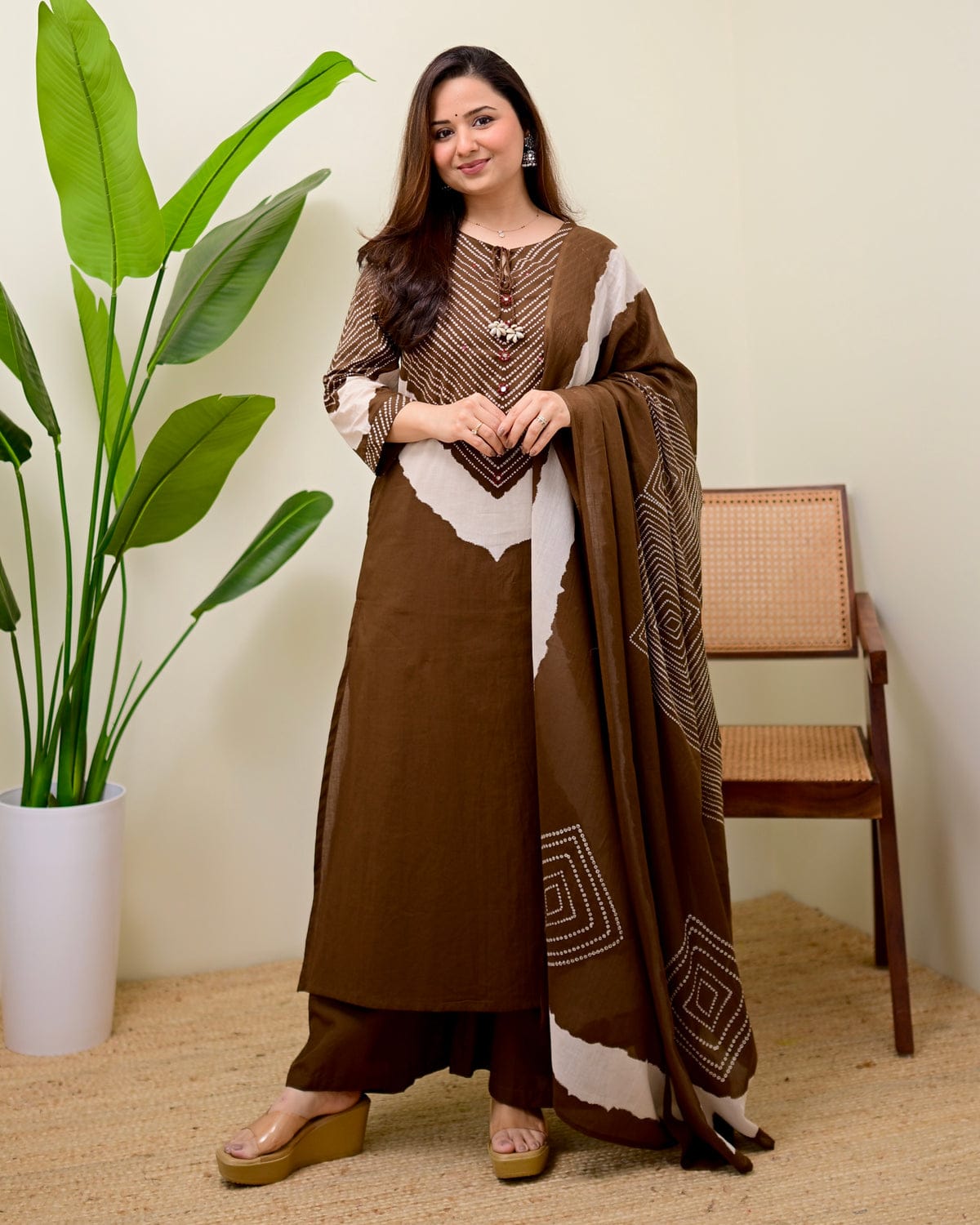 Women Brown Bandhani Printed Pure Cotton Kurta Set with Palazzos & Dupatta