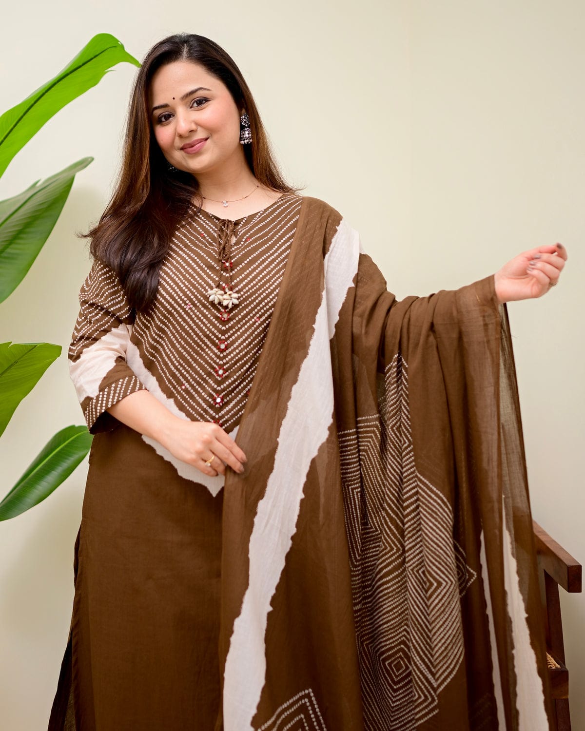Women Brown Bandhani Printed Pure Cotton Kurta Set with Palazzos & Dupatta