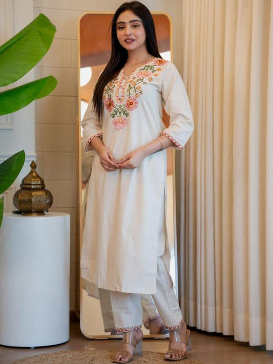 Women White Floral Embroidered Cotton Kurta Set with Pants