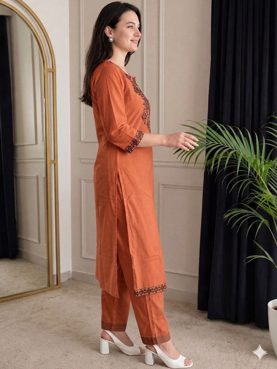 Women Rust Brown Printed Cotton Kurta Pant Set