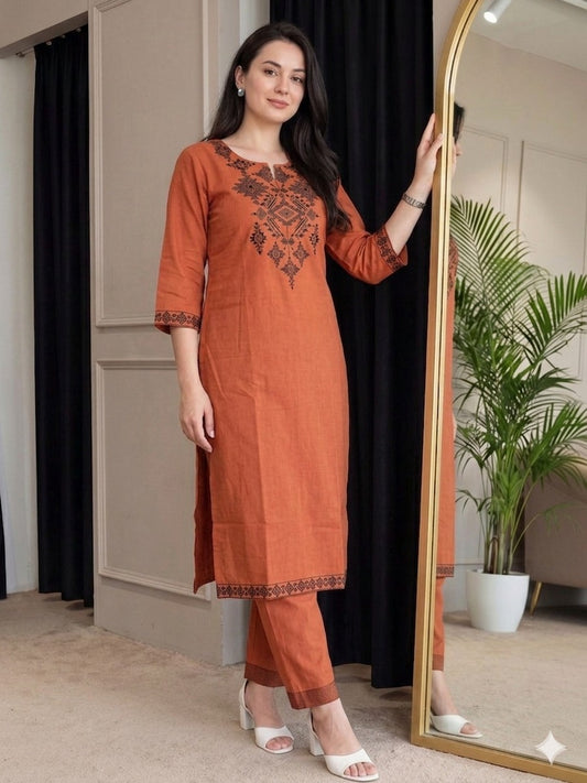 Women Rust Brown Printed Cotton Kurta Pant Set