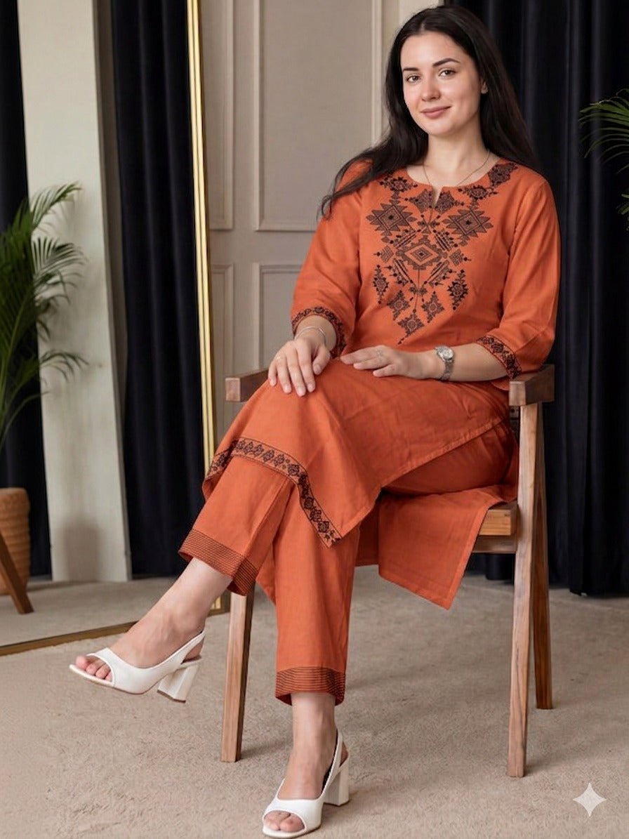 Women Rust Brown Printed Cotton Kurta Pant Set