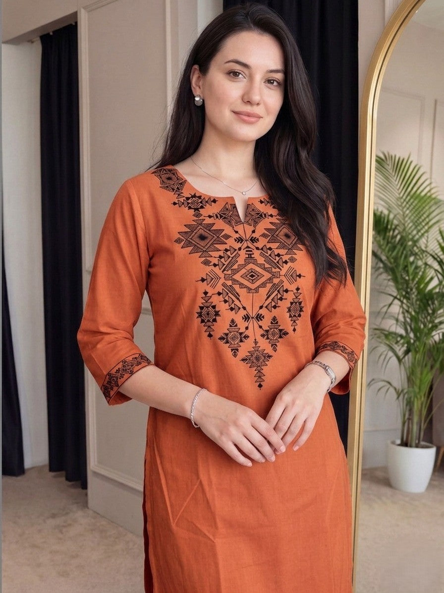 Women Rust Brown Printed Cotton Kurta Pant Set