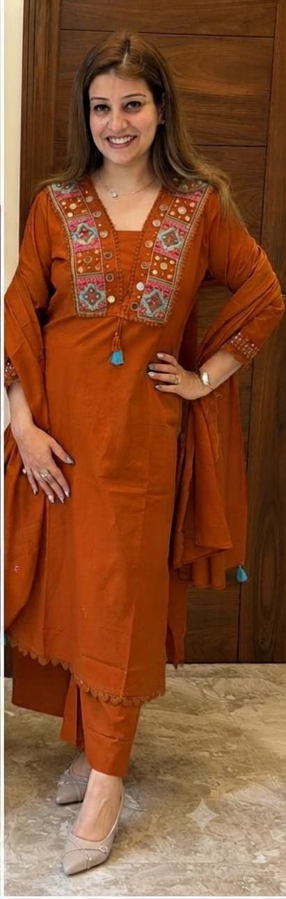 Embroidered Mirror Work Kurta Pant Dupatta Set