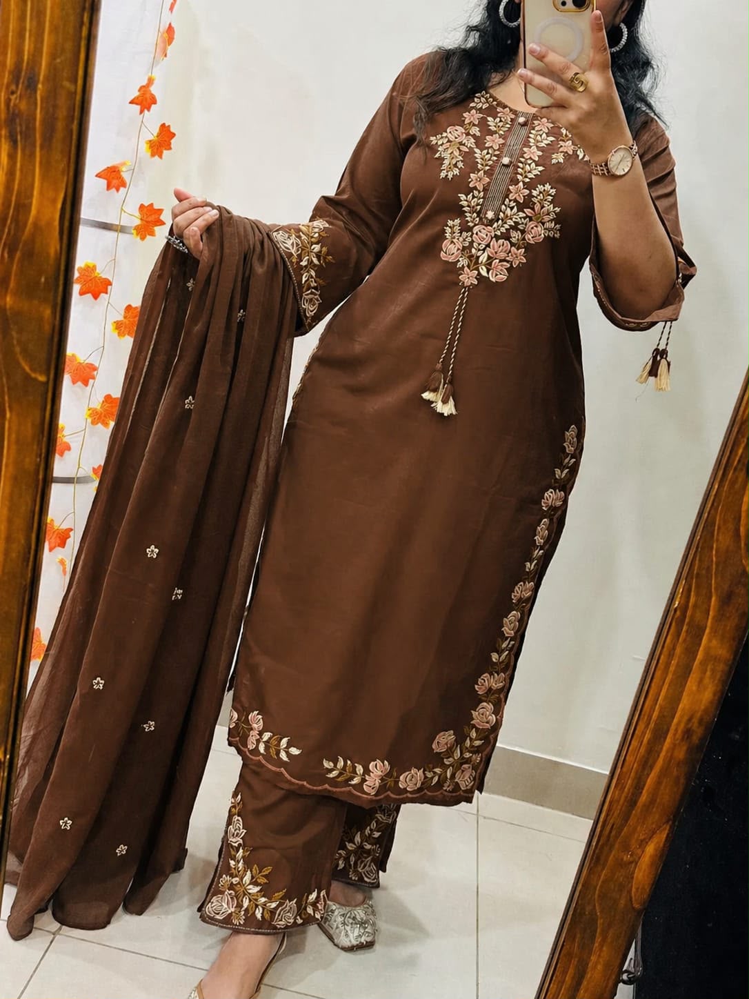 Chocolate Brown Floral Embroidered Kurta Pant Dupatta Set
