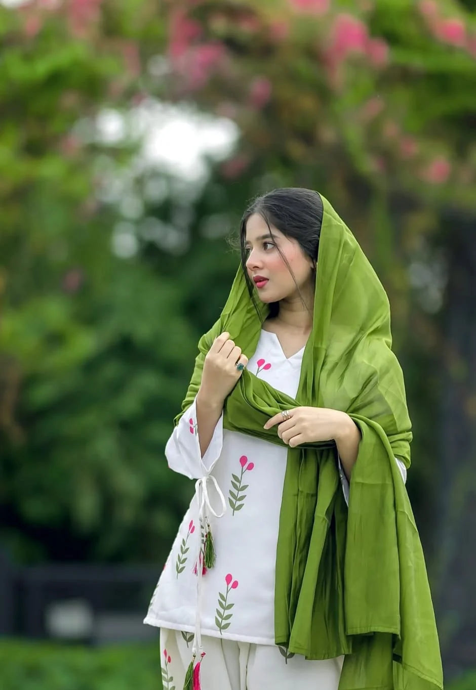 White Floral Printed Cotton Kurta Pant Set with Green Dupatta for Women