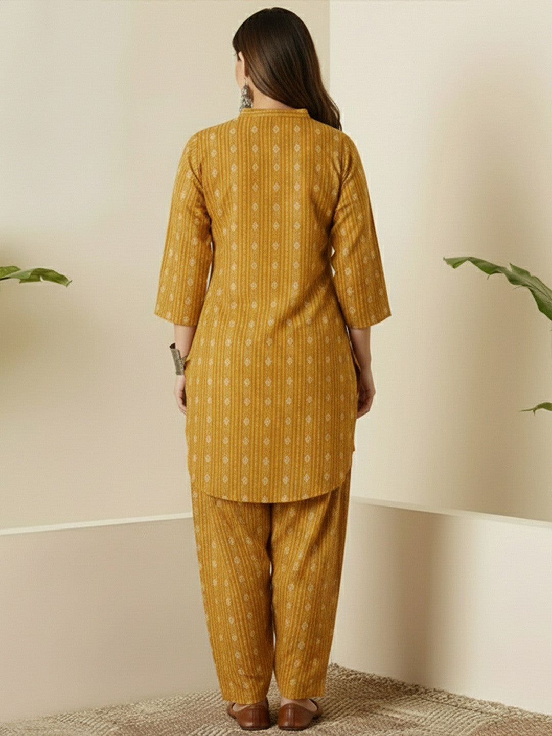 Mustard Yellow Printed Cotton Kurta Pant Set