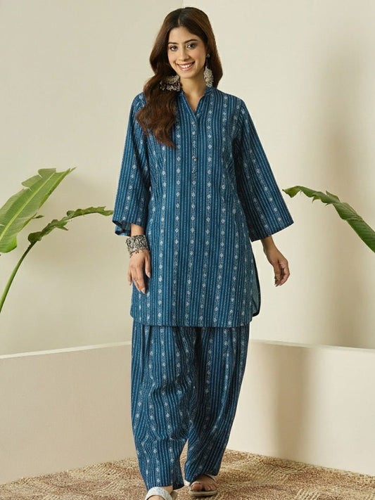 Teal Blue Printed Cotton Kurta Pant Set