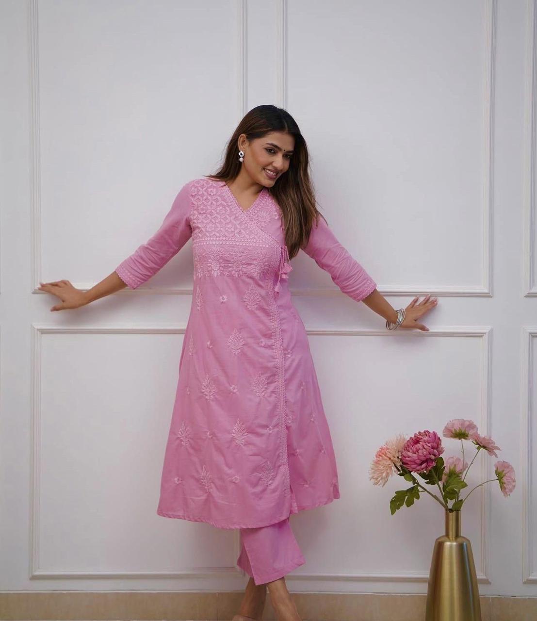 Pink Embroidered Cotton Kurta Pant Se