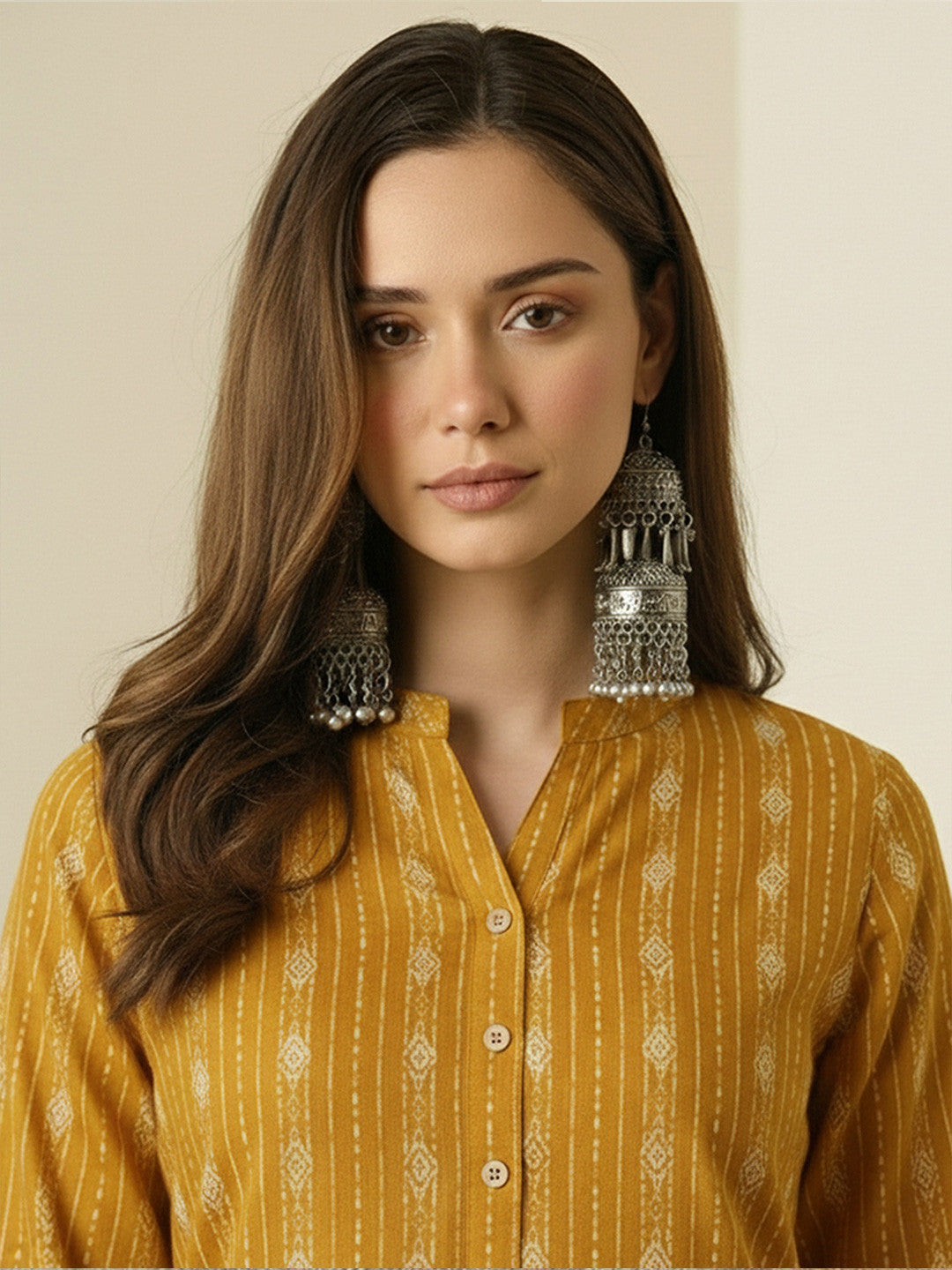 Mustard Yellow Printed Cotton Kurta Pant Set