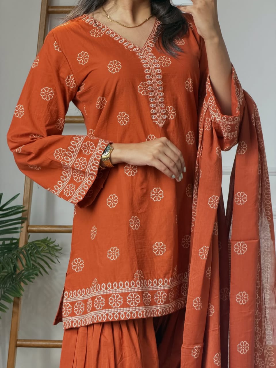 Premium Orange Floral Printed Kurta Palazzo Suit Set