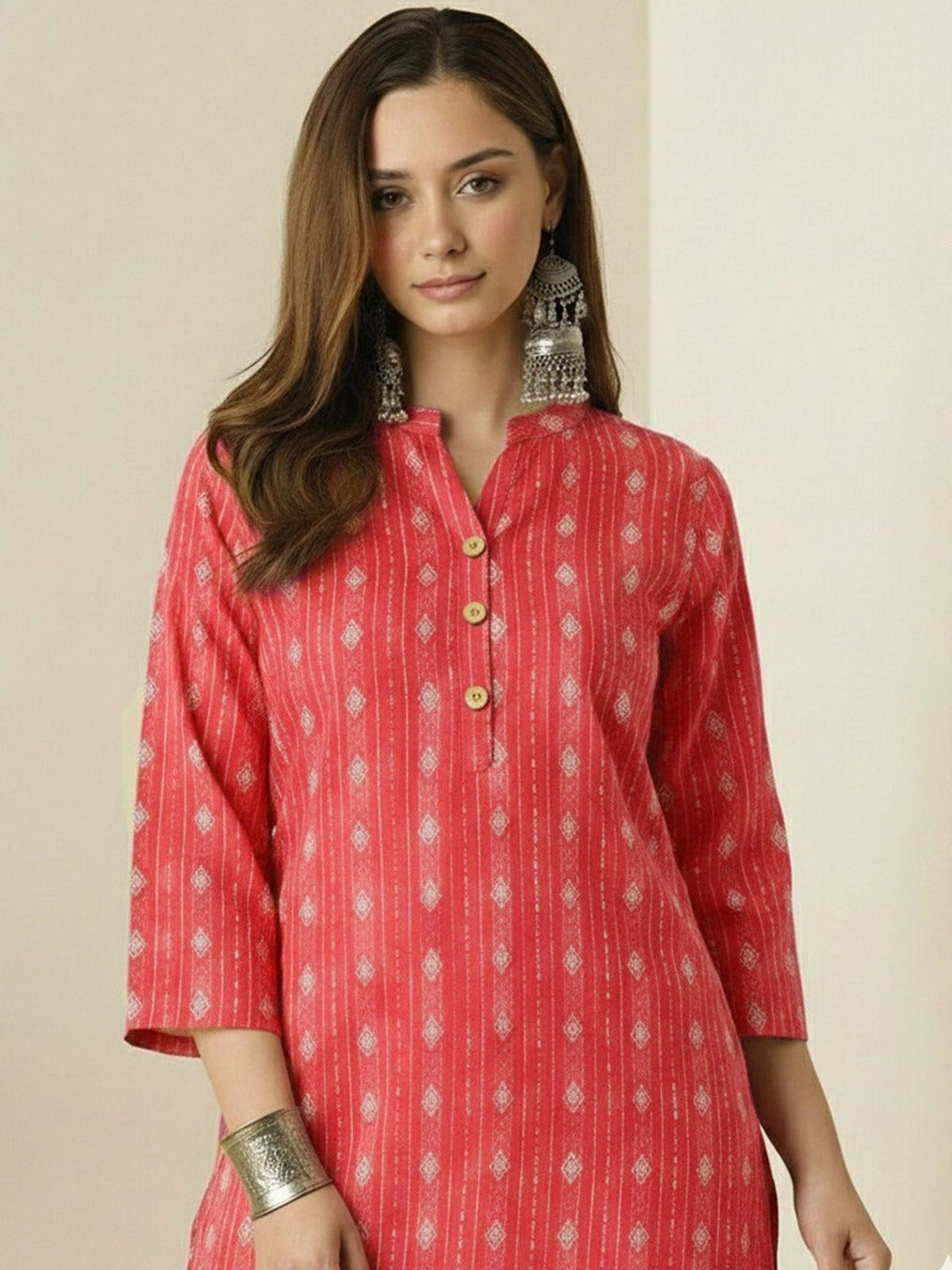 Coral Pink Printed Cotton Kurta Pant Set