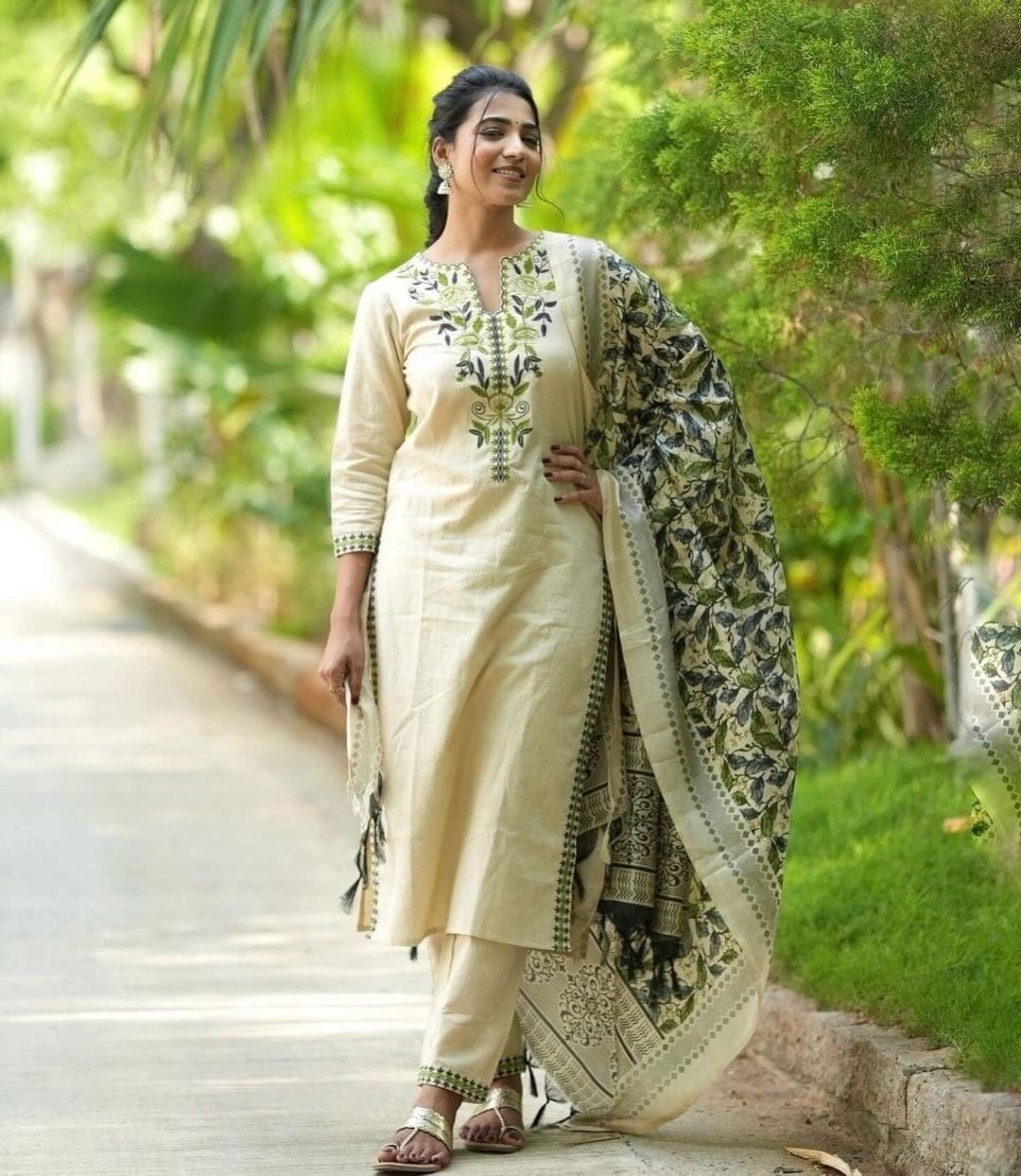 Elegant Beige Ethnic Kurta Set with Floral Dupatta