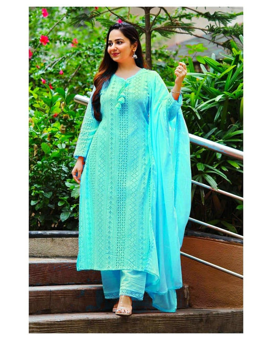 Premium Olive Green Embroidered Kurti Pant Dupatta Set
