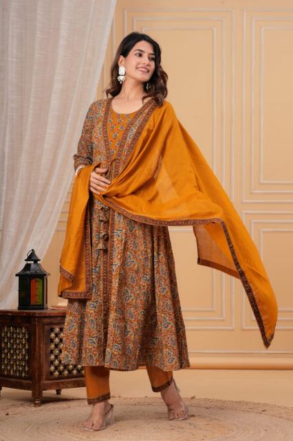 Premium Mustard Gold Kurti Pant Dupatta Set