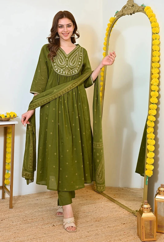 Olive Green Embroidered Anarkali Kurta Pant Dupatta Set