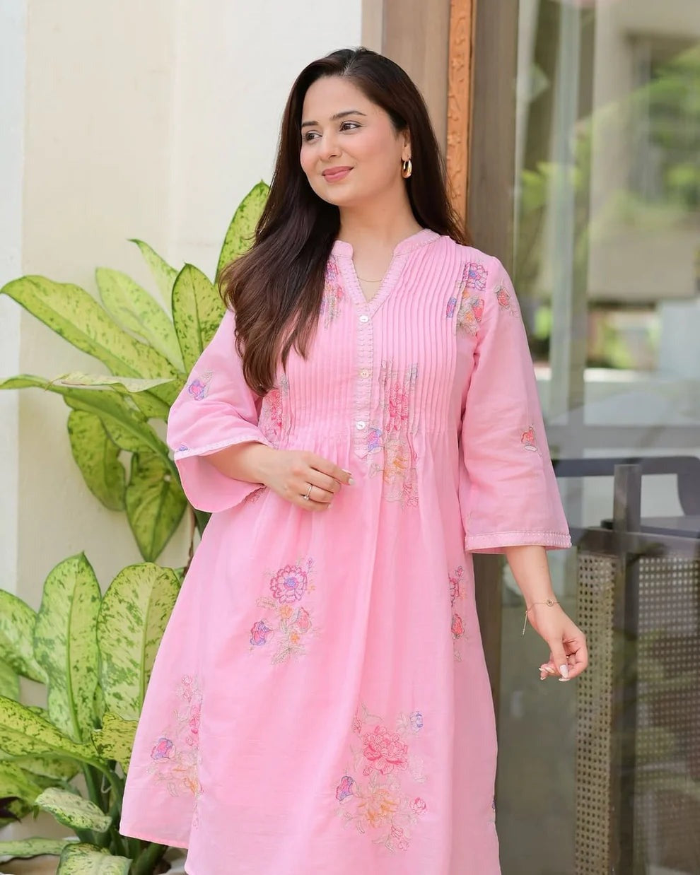 Jaipur  Premium Blush Pink Floral Embroidered A-Line Kurta
