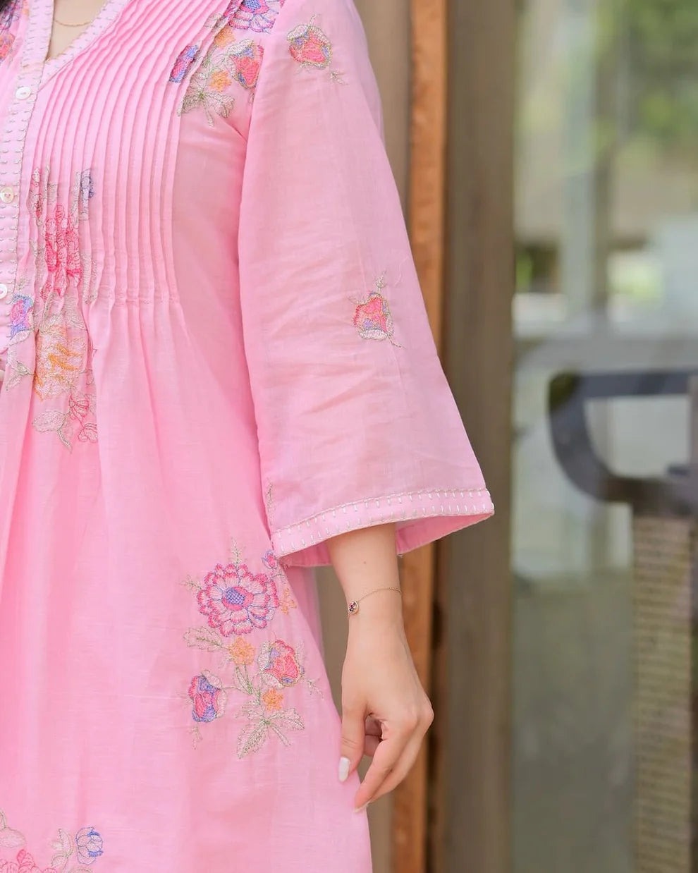 Jaipur  Premium Blush Pink Floral Embroidered A-Line Kurta
