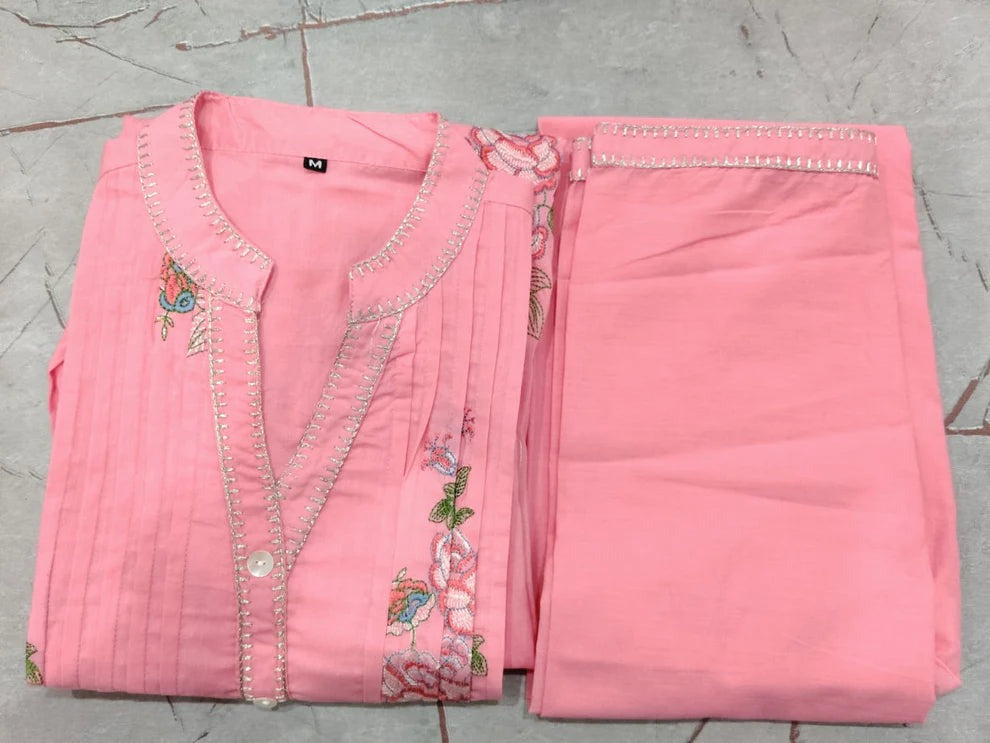 Jaipur  Premium Blush Pink Floral Embroidered A-Line Kurta
