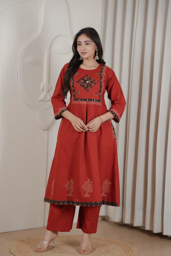 Premium Red Embroidered Kurti Palazzo Set
