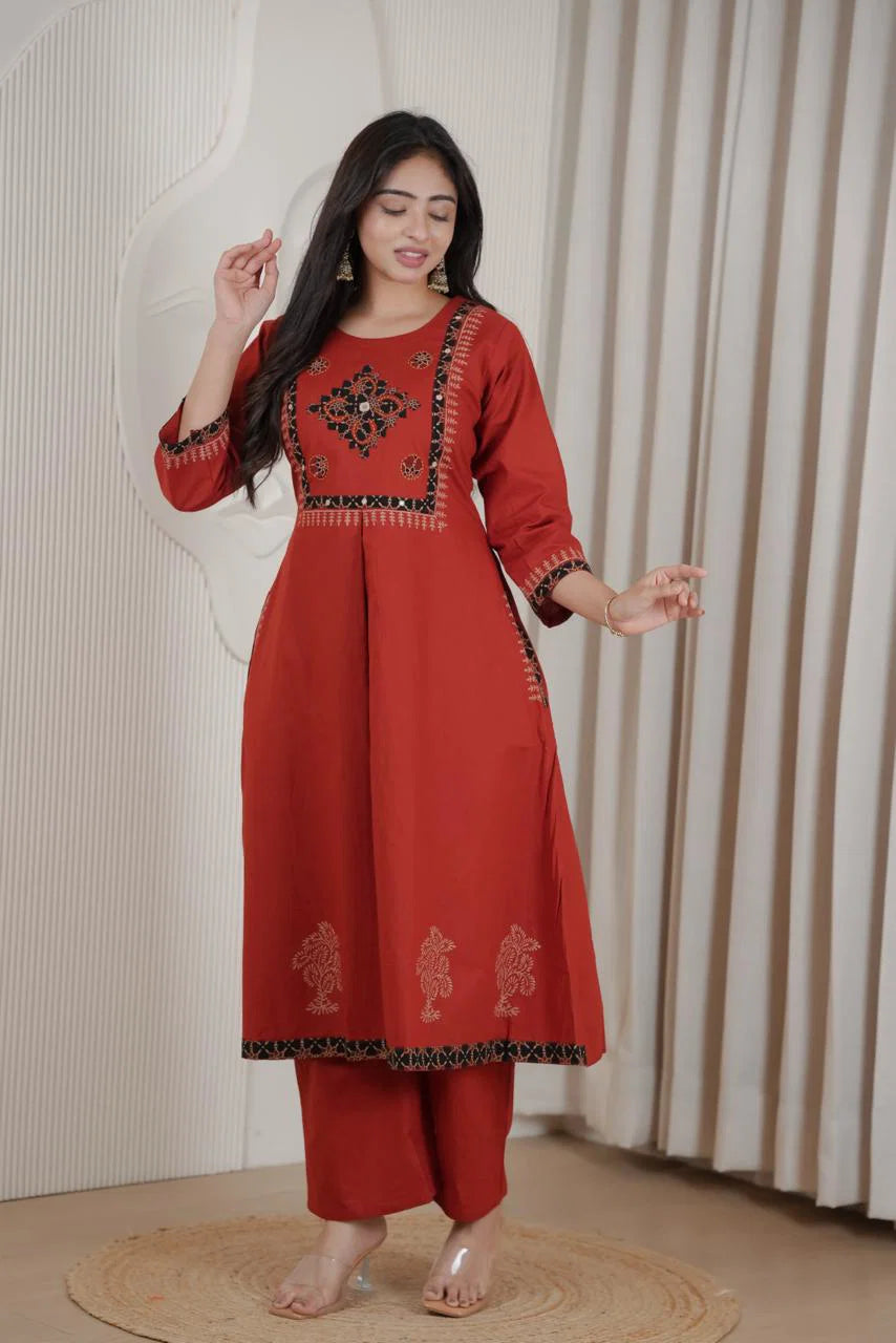 Premium Red Embroidered Kurti Palazzo Set