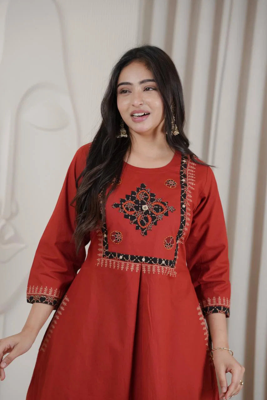 Premium Red Embroidered Kurti Palazzo Set