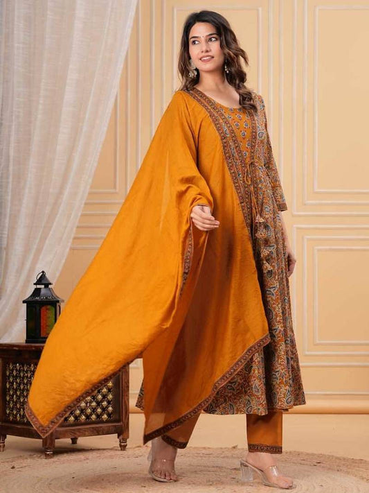 Premium Mustard Gold Kurti Pant Dupatta Set